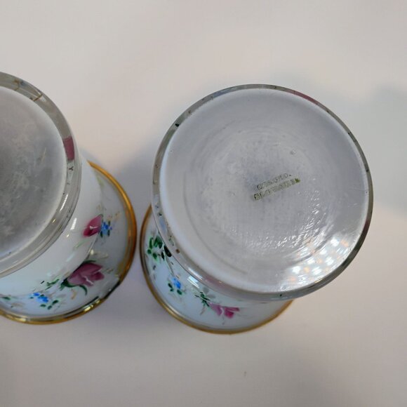 Pair Vtg BOHEMIAN CZECH Cased Glass White Painted Pink Roses Vase Set -CHIP READ - Picture 12 of 14
